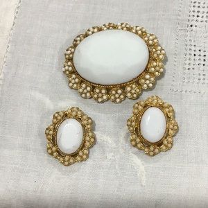 Vintage large white milk stone and faux pearls brooch with matching earrings